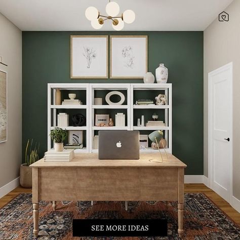 Deep Green Office Walls, Office Dark Green Walls, Home Office Decor Green Walls, Feminine Home Offices Green, Green Bedroom Office Ideas, Painting Home Office Walls Ideas, Hunter Green Office Decor, Green White Gold Office, Office Ideas Green Wall