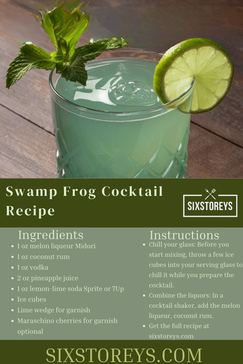 Swamp Frog Cocktail Recipe Frog Cocktail, Frogs Breath, Swamp Frog, Shrek Party, Melon Liqueur, Party Vibe, Lemon Lime Soda, Drinks Alcohol, Cocktail Mix