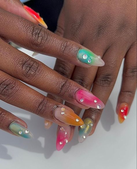 Blooming Gel Nail Art Designs, Chrome Nails With Rhinestones, Pride Nail Ideas, Airbrush Nail Designs, Pride Nails Designs, Airbrushed Nails, Blooming Gel Nails, Blooming Gel Nail Art, Pride Nail