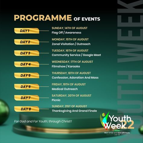 Event Programme Design, Program Flow Pubmat, Fyb Week Flyer Design, Program Schedule Design, Youth Week Flyer Design, Youth Event Ideas, Church Poster Ideas, Concert Poster Design, Church Media Design