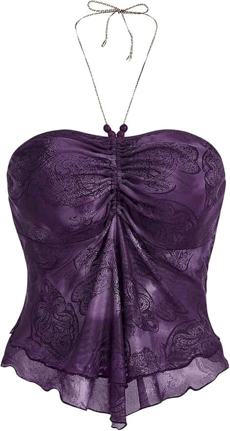 Floerns Women's Beaded Halter Ruched Lettuce Trim Ruched Cami Crop Tube Top Brown A Medium at Amazon Women’s Clothing store Hippie Top, Dr Wardrobe, Top Halter, Top Plus Size, Halter Neck Top, Halter Tops, Cropped Tube Top, Purple Top, Swaggy Outfits