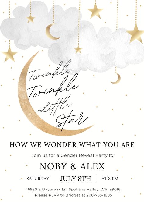 Cloud Theme Gender Reveal Invitation, Twinkle Star Gender Reveal, Gender Reveal Star Theme, Stars Gender Reveal Party, Moon And Star Gender Reveal, Twinkle Little Star Baby Gender Reveal, How We Wonder What You Are Gender Reveal, Gender Reveal Cloud Theme, Gender Reveal Ideas Twinkle Little Star