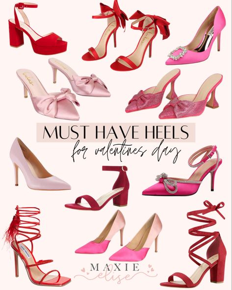 Valentines heels, Valentine’s outfit ideas, pink shoes, red shoes, pink heels, red heels Red Dress Pink Shoes, Pink Heels For Valentine's Day Party, Spring Red Wedding Shoes, Chic High Heels For Valentine's Day, Pink Heels With Red Sole, Red Pointed Toe Heels For Valentine's Day, Red Heels, Pink Heels, Red Satin