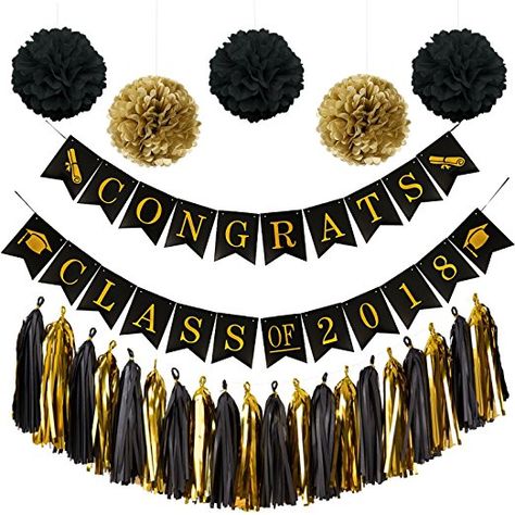 Class Party Decoration Ideas, At Home Graduation Party Ideas, Black And Gold Graduation Party Ideas, Classroom Party Decorations, Graduation Decoration Ideas, Gold Graduation Decorations, Black And Gold Graduation, Paper Projects Diy, Gold Graduation Party