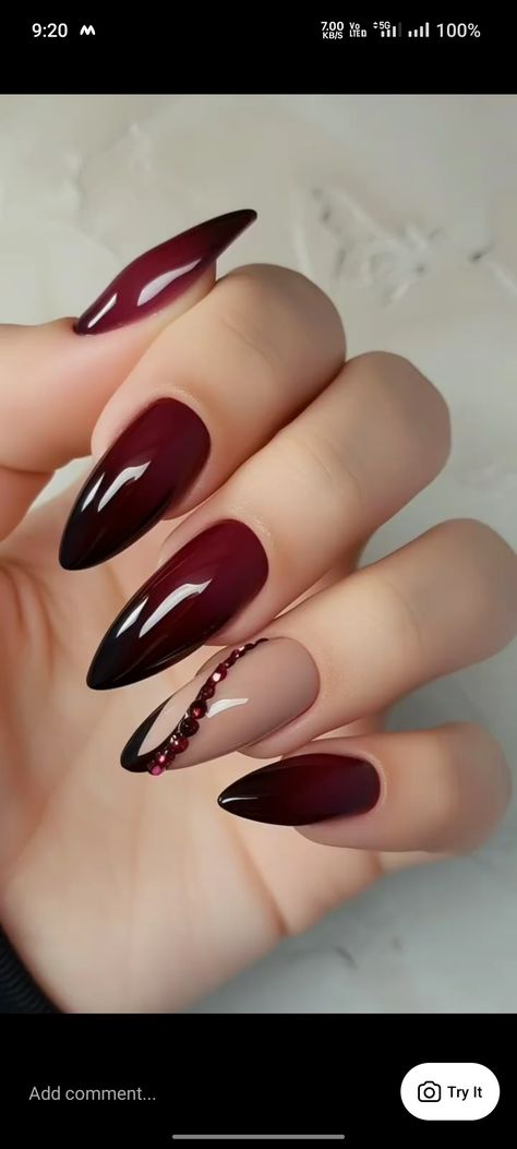 Dark Nails Inspiration Almond, Black And Maroon Nail Ideas, Almond Nails Designs Red And Black, Cherry Red And Black Nails, Black Burgundy Nails, Deep Red Nails Designs Burgundy, Wine Red And Black Nails, Dark Romantic Nails, Dark Almond Acrylic Nails