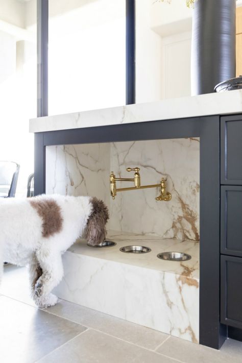 Timeless Interior Design Style, Neutral Inspiration, Dog Station, Countertops Black, Porcelain Countertops, Dog Feeding Station, Timeless Interior Design, Black Island, Dog Washing Station