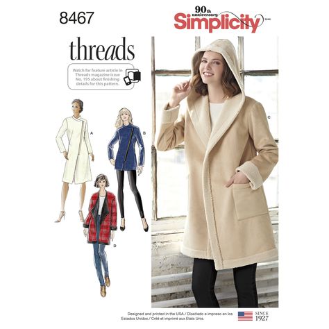 Simplicity  Pattern 8467  Misses' Coat or Jacket with Neckline Variations   sewing pattern Hooded Jacket Pattern, Neckline Variations, Threads Magazine, Sewing Pins, Jacket Sewing, Coat Pattern Sewing, Dresses By Pattern, Jacket Pattern Sewing, Sewing Patterns For Kids