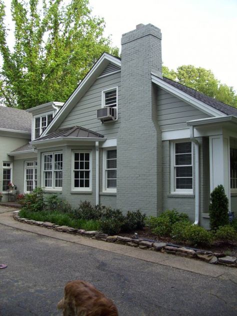 Exterior Brick Chimney Makeover, Painted Brick Chimney Exterior, Painted Brick Cape Cod Exterior, Painted Chimney Exterior, Painted Brick With Shaker Siding, Half Brick Half Siding Exterior Paint, Chimney Design Ideas, Gray Brick Skirting, How To Paint A Brick House