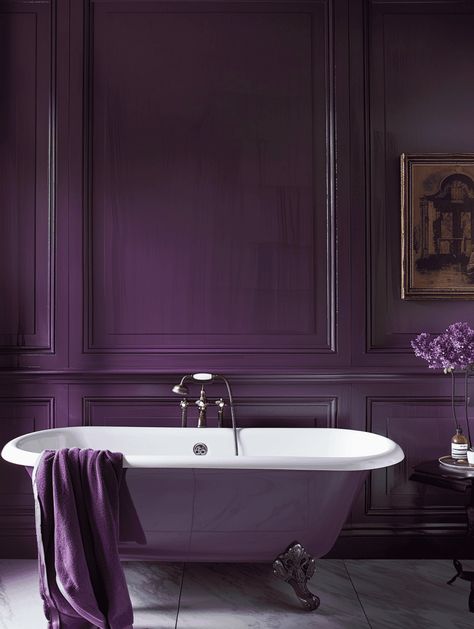 Purple Bathroom Ideas: Plum-Colored Walls and Bronze Fixtures Purple Black Bathroom, Deep Purple Bathroom, Different Shades Of Purple Bathroom, Purple Bathroom, Small Country Bathroom, Purple Bathtub Bathroom, Dark Purple Bathroom, Purple Goth Bathroom, Dark Purple Walls