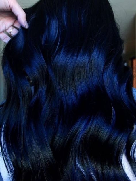 19 Stunning Blue Black Hair Colors To Try This Season Blue Black Natural Hair, Dark Ash Blue Hair, Black Hair With Dark Blue Highlights, Midnight Blue Black Hair, Dark Blue Highlights In Black Hair, Midnight Hair Color, Jet Blue Black Hair, Dark Blue Streaks, Midnight Blue Hair Color