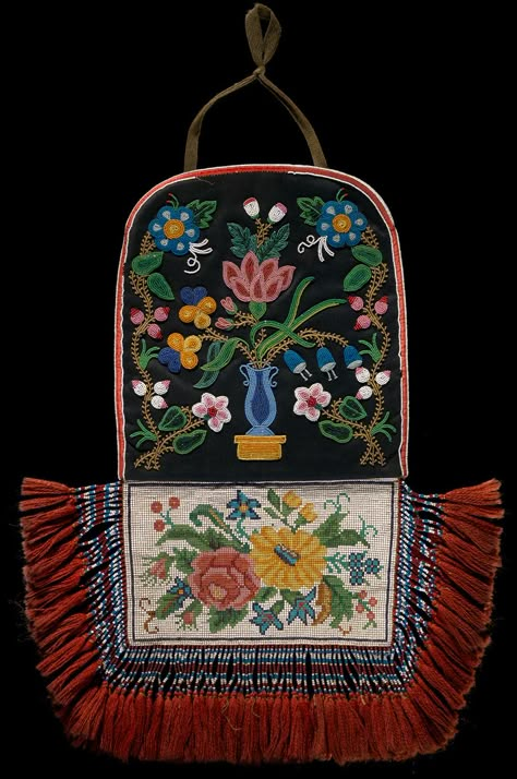 Cree Métis Bag c. 1875 Manitoba, Canada.  Wool cloth, beads, silk.  Mrs. E.C. McDonald Collection; Infinity of Nations: Art and History in the Collections of the National Museum of the American Indian - George Gustav Heye Center, New York; beading, beadwork, bead work, emroidery Cree Beadwork, Metis Embroidery, Traditional Beaded Travel Bags, Metis Floral Beadwork, Mi'kmaq Beadwork, Inuit Beading, Beaded Moccasins, Beaded Pouch, Native Artwork