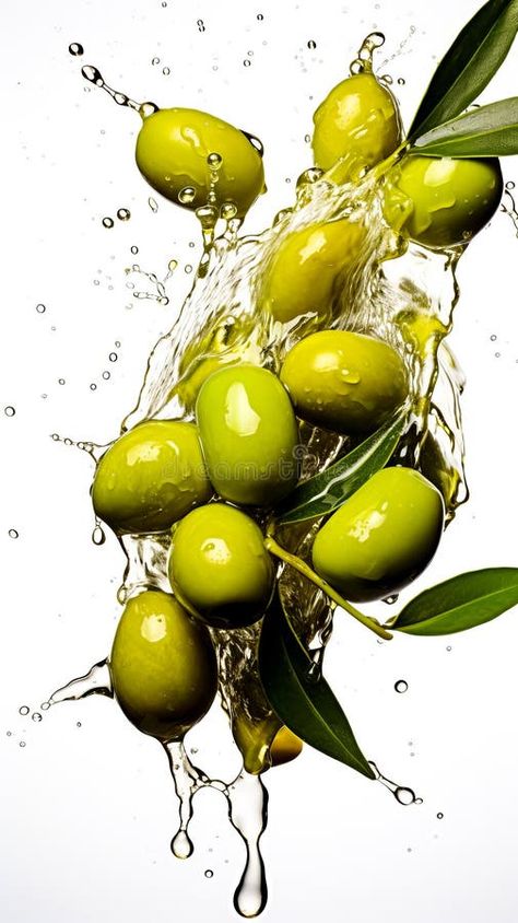 Green olives falling into olive oil with splash, isolated on white background. copy space royalty free stock photo Olive Oil Creative Ads, Olive Pictures, Olive Oil Aesthetic Photography, Olive Oil Photography, Olives Photography, Olive Oil Image, Space Royalty, Olive Harvest, Olive Recipes