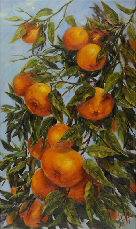 Floridai mézes mandarin. By Alla  Vasilkova ukrán művész. Link Painting, Funky Posters, Citrus Tree, Tree Orange, Lemon Painting, Art Studio Room, Fruit Painting, Interior Painting, Orange Tree