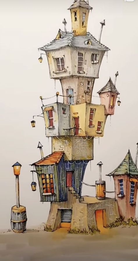 Watercolour Line Drawing, Cute House Drawing Simple, Watercolor House Painting, Whimsical Art Paintings, House Cartoon, Building Drawing, Watercolor Architecture, Architecture Drawing Art, Beauty Art Drawings