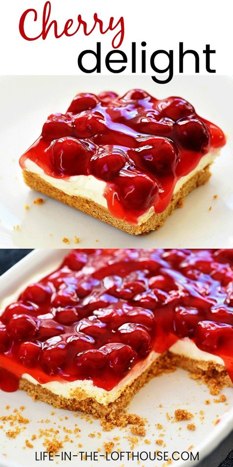 Cherry Desert With Graham Cracker Crust, Cherry Cream Cheese Bars Recipe, Fruit Delight Recipe, Cherry Desserts Cream Cheese, Cheery Cheesecake Recipes, Cherry Cream Cheese Bars, Cherry Cheesecake Delight, Cherry Delight Dessert Cream Cheeses, Fruit Desserts Recipes