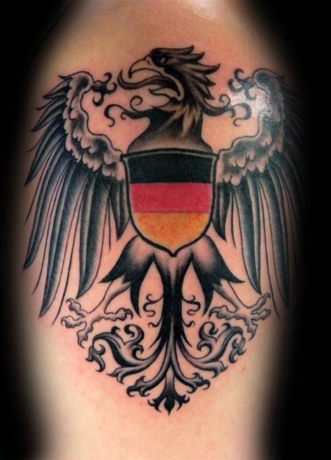 Mens Arm German Eagle Tattoo Inspiration German Eagle Tattoo, Germany Tattoo, German Tattoo, Crest Tattoo, Common Tattoos, German Eagle, Marquesan Tattoos, Mens Shoulder Tattoo, Omerta Tattoo