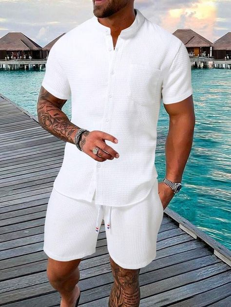 All White Party Outfits, White Party Outfit, Short Blanc, 2 Piece Short Set, All White Party, Drawstring Waist Shorts, Shirt And Shorts, Shorts Casual, Co Ords