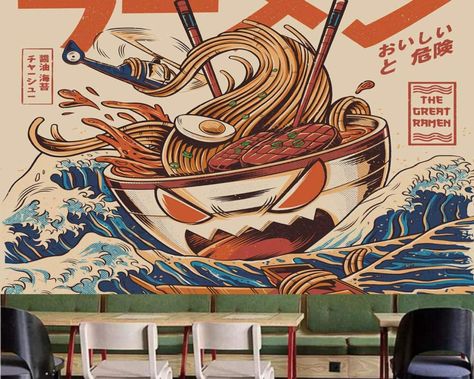 Japanese Mural, Chinese Restaurant Interior, Ramen House, Noodle Bar, Beauty Salon Logo, Small Cafe, Sushi Restaurants, Sushi Bar, Mural Design