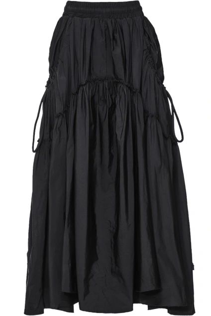 Get a contemporary look with the nu london tiered maxi skirt. this elegant, full-length skirt boasts a voluminous silhouette and is complete with a drawstring waistband, two front pockets and gathered detailing. wear with nu's sheer long sleeve top and chunky boots. Long Skirt For Fall, Black Skirt Outfit Fall, Maxi Tiered Skirt, Black Asymmetrical Skirt, Dream Skirt, Black Long Skirt, Hiking Skirt, Simple Maxi, Skirt Outfit Fall