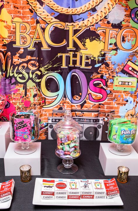 90s Theme Candy Table, 90s Dessert Table, 90s Candy Bar Party Ideas, 2000s Theme Party, Wedding Snack Bar, 90s Theme Party Decorations, Party Snack Table, 90s Night, Birthday Party Dessert Table