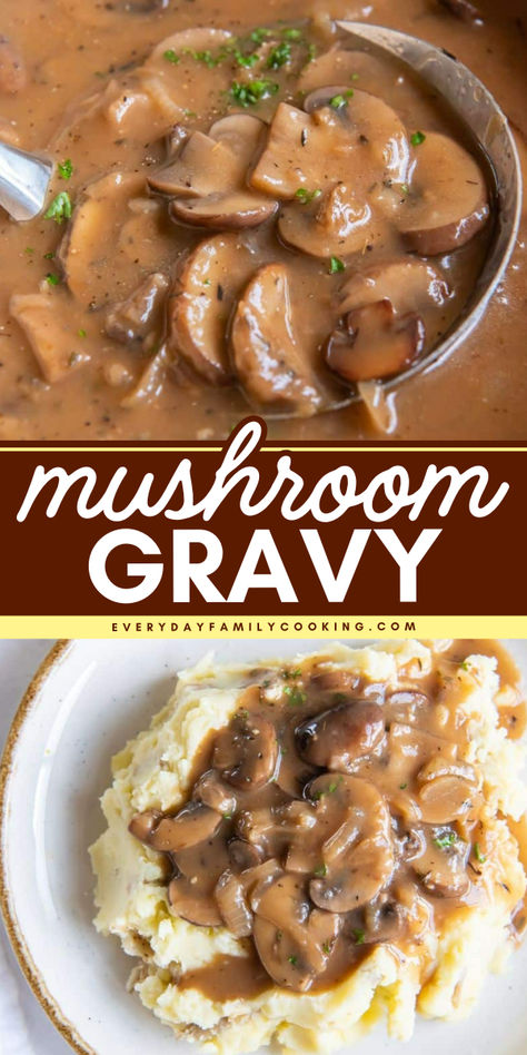 This mushroom gravy makes any meal rich and comforting. From weeknight dinners to Thanksgiving, it's a hit every time! Pioneer Woman Mushroom Gravy, Dairy Free Mushroom Gravy, Mushroom Thanksgiving Recipes, Mushroom Gravy Sauce, Mushroom Sauce Recipe Easy, Thanksgiving Mushroom Recipes, Mushroom Brown Gravy Recipe, Homemade Mushroom Gravy, Meatloaf With Mushroom Gravy