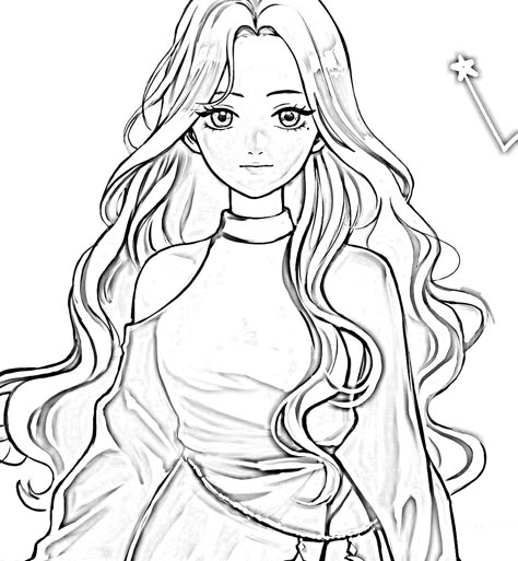 Drawing Poses Female With Hair, Oc Drawing Base With Hair, Long Wavy Anime Hair, Long Hair Base Drawing Female, Anime Sketch Ideas Drawing Reference, Base Coloring Anime, Drawing Base With Hair, Hair Base Drawing Female, Long Hair Drawing Reference