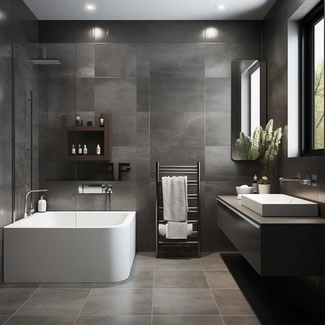 How Grey Can Elevate Your Luxury Modern Bathroom Design • 333+ Images • [ArtFacade] Dark Grey Modern Bathroom, Gray Themed Bathroom, All Grey Bathroom, Dark Grey Bathroom Ideas, Bathroom Interior Design Modern Grey, Anthracite Bathroom, Ensuite Decor, Modern Bathroom Design Grey, Dark Grey Bathroom