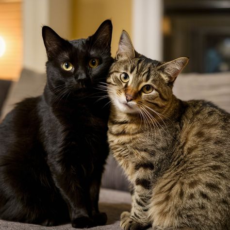 black cat and tabby cat together Black Cat And Grey Cat Together, 3 Kittens Together, Tabby Cat And Black Cat, Two Cats Together, Cat Together, Cat Friendship, Adorable Pictures, Cat Items, A Black Cat