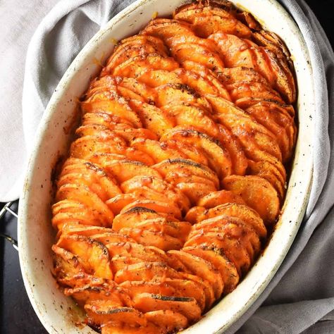 Scalloped Sweet Potatoes (No Cream) Scalloped Sweet Potatoes Healthy, Vegan Scalloped Sweet Potatoes, Scalloped Sweet Potato Casserole, Sweet Potato Scalloped Potatoes, Scalloped Sweet Potato Recipes, No Heavy Cream, Scalloped Sweet Potatoes, Vegetarian Roast, Leftover Potatoes