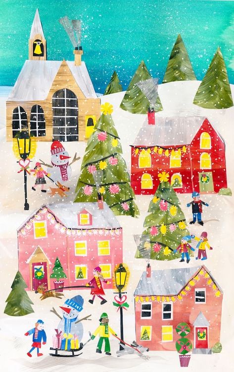 English Illustration, Tracey English, Cottage Winter, Village Drawing, Christmas Collage, Christmas Cottage, Blue Christmas Tree, Paper Collage Art, Winter Illustration