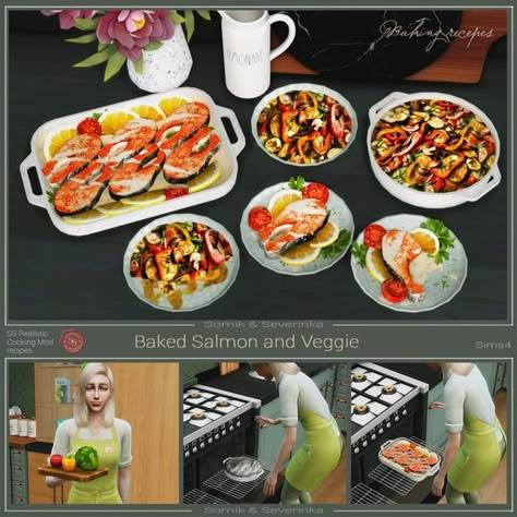 Somik and Severinka | creating Mods for Sims 4 | Patreon Sims 4 Skills, Vegetables In The Oven, Salmon And Vegetables, Sims 4 Restaurant, Salmon Vegetables, Mods Sims 4, Oven Vegetables, Sims 4 Kitchen, Baking Cookbooks