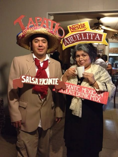 Latino couple Halloween Costume idea. Tapatio man & Abuelita Chocolate Mexican Theme Halloween Costume, Chocolate Abuelita Costume, Latino Halloween Costume Ideas, Mexican Old Lady Costume, Tapatio And Cholula Costume, Latin Halloween Costumes, Halloween Costumes Couples Mexican, Latino Halloween Costumes, Mexican Party Outfit Ideas