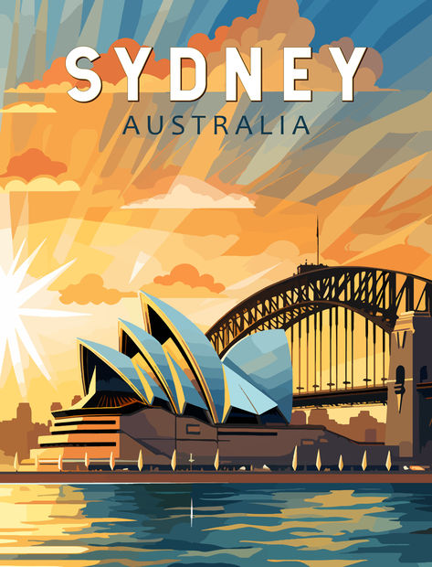 Vintage-style poster showcasing the iconic landmarks of Sydney, Australia, perfect for adding a touch of nostalgia to your decor. Travel Poster Illustration, Surrealist Drawings, Vintage Travel Posters Art Deco, Australia Illustration, Australia Painting, Retro Poster Design, Souvenir Bags, Sydney Australia Travel, Australia Poster