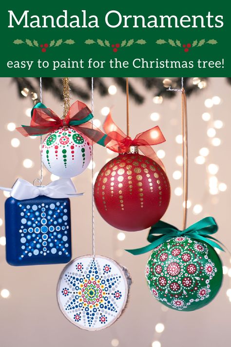 Learn how to make unique dot mandala ornaments for your Christmas tree! Making the patterns is easier than you think. These are so pretty! Dot Mandalas Pattern, Christmas Ornament Dot Art, Mandala Ornaments Diy, Christmas Dotting Art, Mandala Christmas Ornaments Diy, Dot Mandala Christmas Ornaments, Dot Painted Christmas Ornaments, Dot Art Ornaments, Christmas Mandala Art