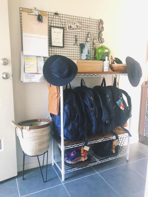 School Bag Storage Ideas, Bookbag Storage, Backpack Station, Bag Storage Ideas, School Bag Organization, School Bag Storage, Shopping Bag Storage, Cheap School Bags, Kmart Hacks