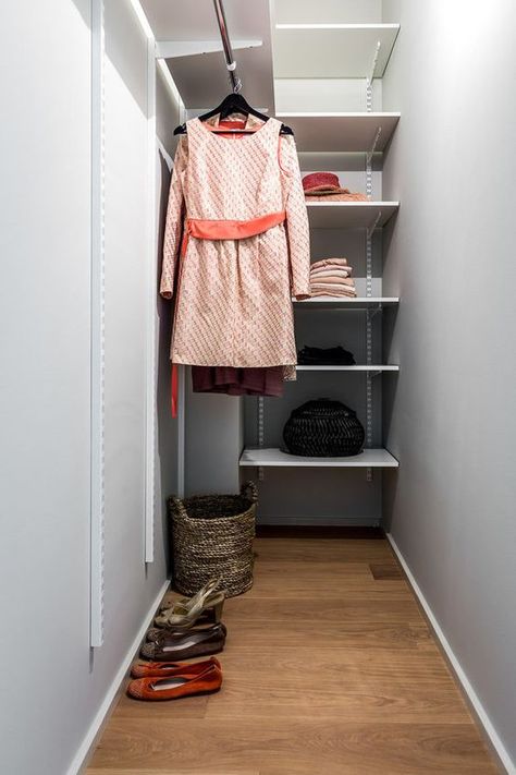 a grey narrow closet with open shelves and railing, a basket for various stuff is a small and laconic space to store your clothes Small Deep Closet, Long Narrow Closet, Narrow Closet Design, Small Closet Design, Closet Design Ideas, Narrow Closet, Mini Closet, Deep Closet, Built In Dresser