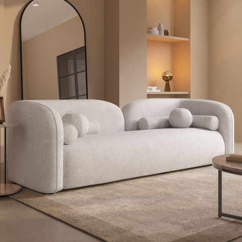 All about meAdd a touch of modern luxury to your living room with Elma 3-seater Sofa. Upholstered in a sumptuous boucle fabric the Elma is a statement sofa. The cream colour will compliment any modern decor while its unique design adds a touch of sophistication to your living space.This 3-seater couch is the perfect blend of style and comfort. Plush deep cushions invite you to sink in while the sculpted curved design creates the perfect space to curl up with a good book or entertain guestsNeed t Grey Boucle Sofa, Living Room Designs Modern Luxury 2024, Couch Sets Living Room, 3 Seater Sofa Design Living Rooms, Boucle Sofa Living Room, Dusk Sofa, Sofa Design Bedroom, Drawing Room Sofa Set, New Classic Sofa