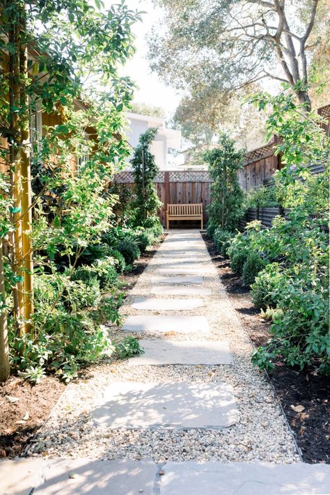 Gravel Path With Brick Edging, Gravel Path To Front Door, Country Pathways Walkways, Narrow Garden Path, Patio With Gravel Border, Path To Backyard Gate, Cobblestone And Pea Gravel, Pea Gravel Pavers, Paver Garden Path