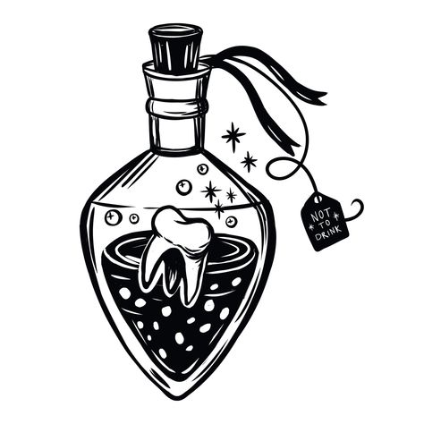 Tooth Fairy Tattoo Ideas, Spell Bottle Tattoo, Glass Bottle Tattoo, Tooth Fairy Tattoo, Tooth Tattoo, Graphic Tattoo, Bottle Tattoo, Fun Characters, Halloween Bottles