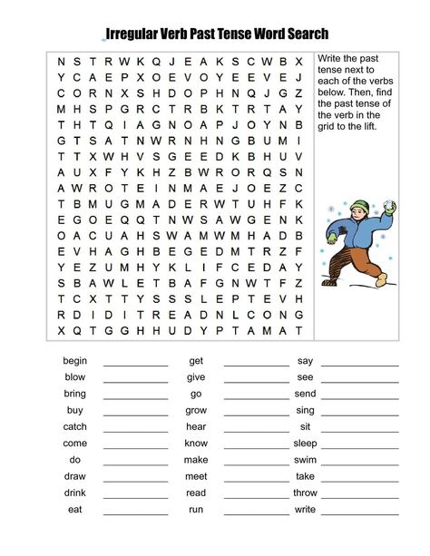 Irregular Verb Past Tense Word Search Write the past tense next to each of the verbs below. Then, find the past tense of the verb in the grid to the lift. begin get say blow give see bring go send buy grow sing catch hear sit come know... Past Worksheets, Simple Word Search, Simple Past Tense Worksheet, Verb Words, Irregular Past Tense Verbs, Irregular Past Tense, Regular And Irregular Verbs, Simple Past, Simple Past Tense