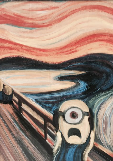 Edvard Munch’s The Scream is too much for these minions to handle. Pastiche Art Ideas, Famous Paintings Parody, Appropriation Art Ideas, Pastiche Art, The Scream Parody, Scream Artwork, Scream Parody, Scream Painting, Art Parodies