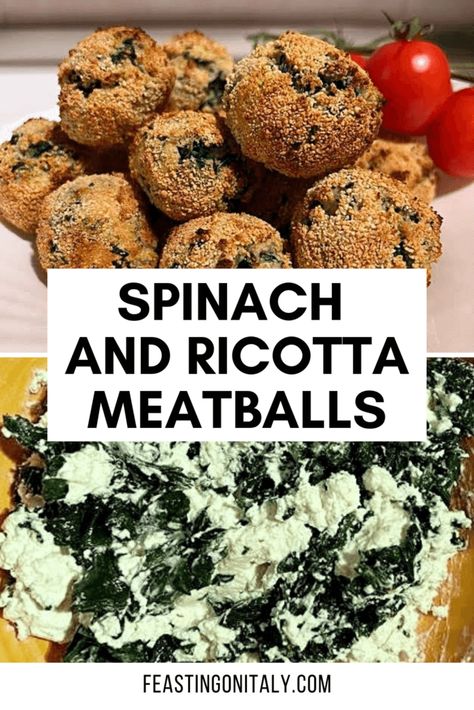 This is a pin image of Spinach and Ricotta Meatballs with tomatoes in the background and a spinach and ricotta mixture. The text reads "Spinach and Ricotta Meatballs." Spinach And Ricotta Balls Recipes, Ricotta Spinach Balls, Spinach Ricotta Meatballs, Spinach And Ricotta Balls, Ricotta Balls Recipe, Meatballs Ricotta, Meatballs Vegetarian, Ricotta Balls, Recipe Ricotta