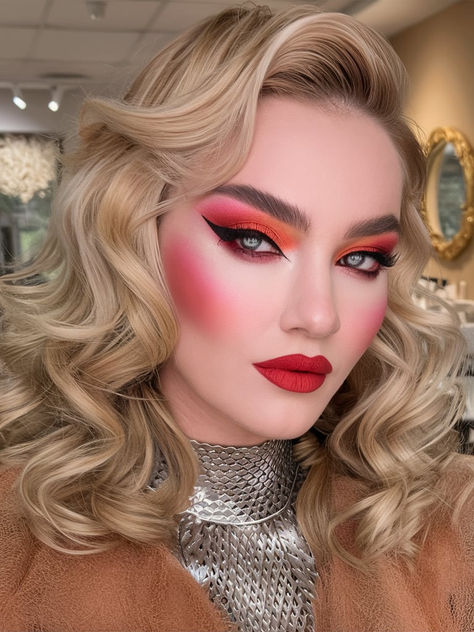 A dramatic 80s-inspired look featuring vibrant red eyeshadow blended with a smoky wing, sharply defined brows, and a matte red lip. The look is completed with soft, voluminous curls, embodying a blend of elegance and intensity. Matte Red Lip, 80s Makeup Looks, Bold Glamour, Matte Red Lips, 80s Makeup, Red Eyeshadow, Brow Definer, Voluminous Curls, Matte Red