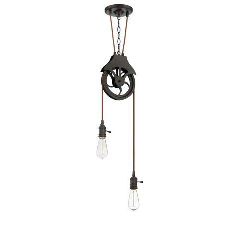 in Aged Bronze Brushed Full Size Pulley Light Fixture, 2 Light Pendant, Pulley Light, Hanging Light Bulbs, Cylinder Lights, Mobile Bars, House Light, Unique Light Fixtures, Focus Light