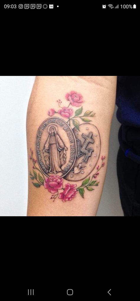 Miraculous Mary Tattoo, Italian Heritage Tattoo, Miraculous Medal Tattoo, Blessed Mother Tattoo, Mary Tattoos Catholic, Catholic Tattoos For Women, Small Catholic Tattoos, Mary Tattoos, Mother Mary Tattoos