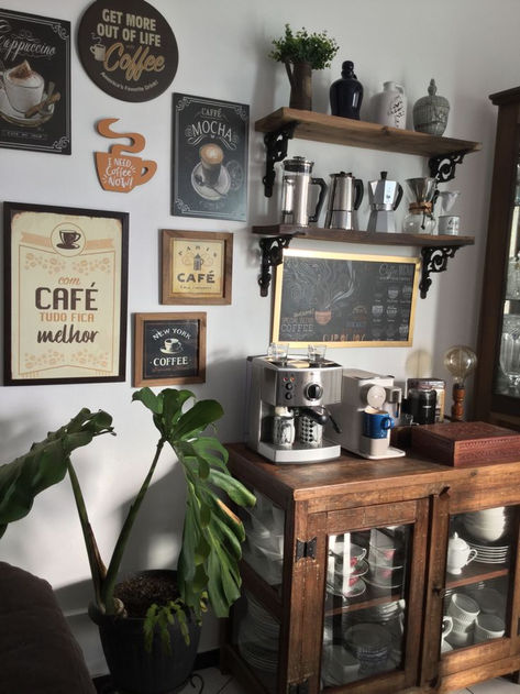 Moody Coffee Station, Cottagecore Coffee Bar, Moody Coffee Bar, Aesthetic Coffee Corner, Coffee Station Aesthetic, Coffee Bar Furniture, Home Espresso Bar, Fall Themed Bedroom, Dark Cozy Bedroom Ideas