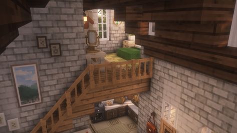 pov: you're renting this for £2000 a month in London. There is no bathroom and the kitchen is shared. Your landlord has just informed you that he'll be putting the rent up at the end of the month. also you can see the new stair railings I'm adding! #minecraft #cottagecoreminecraft #mizunos16craft #hananacraft Minecraft Stair Railing, Minecraft Stairs, Aesthetic Minecraft Builds, Cottagecore Minecraft, Stair Railings, House Stairs, Stair Railing, Minecraft Houses, Railing