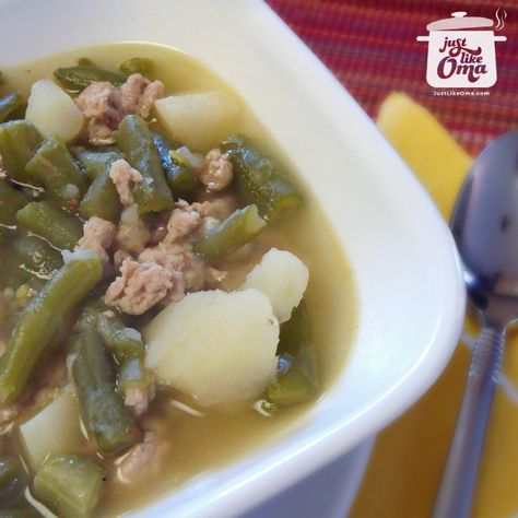 Oma's green bean soup is so super easy and quick. A very traditional German soup that uses a basic method to make so many different types of soups. Green Bean Soup, Green Beans Soup, Meat Soup, German Food Authentic, Sauerkraut Soup, Schnitzel Recipes, Quick Soup, Green Beans And Potatoes, Bean Soup Recipes