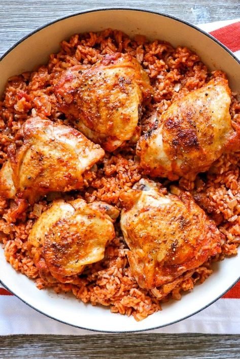 Chicken Rice And Tomatoes, Boneless Skinless Chicken Thigh Recipes Baked With Rice, Paprika Chicken And Rice, Chicken Thighs And Rice Recipes, Paprika Rice, Chicken Thighs With Rice, Chicken Thighs And Rice, Paprika Chicken Thighs, One Pot Chicken And Rice