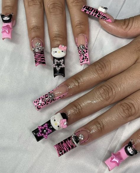 Yk2 Hello Kitty, Black Gel Nails, 2022 Nails, Kitty Nails, Nails Art Designs, Y2k Nails, Hello Kitty Nails, Acrylic Nails Coffin Pink, Unique Acrylic Nails